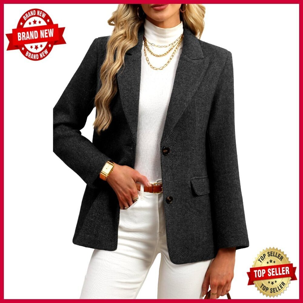 Wool Blend Tweed Blazer Herringbone Business Casual Oversized Jacket